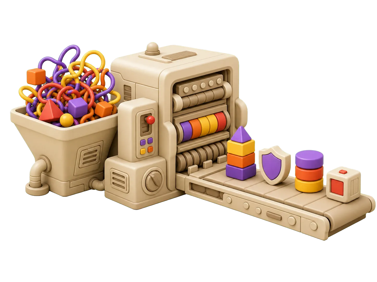 A retro refinery sorting tangled prototype pieces into production-ready modules.