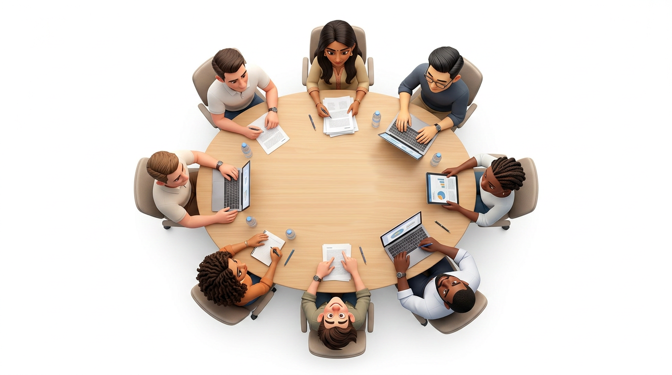 A diverse cohort building together around a table